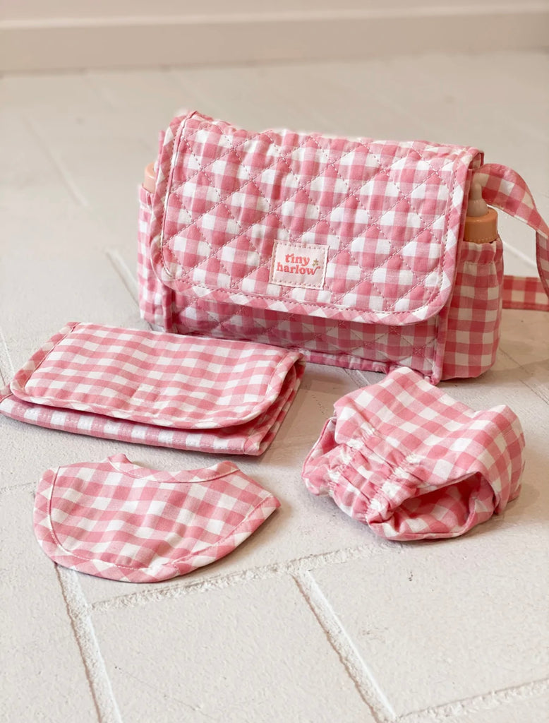 Tiny Harlow Convertible Doll’s Nappy Bag Set | Pink Gingham