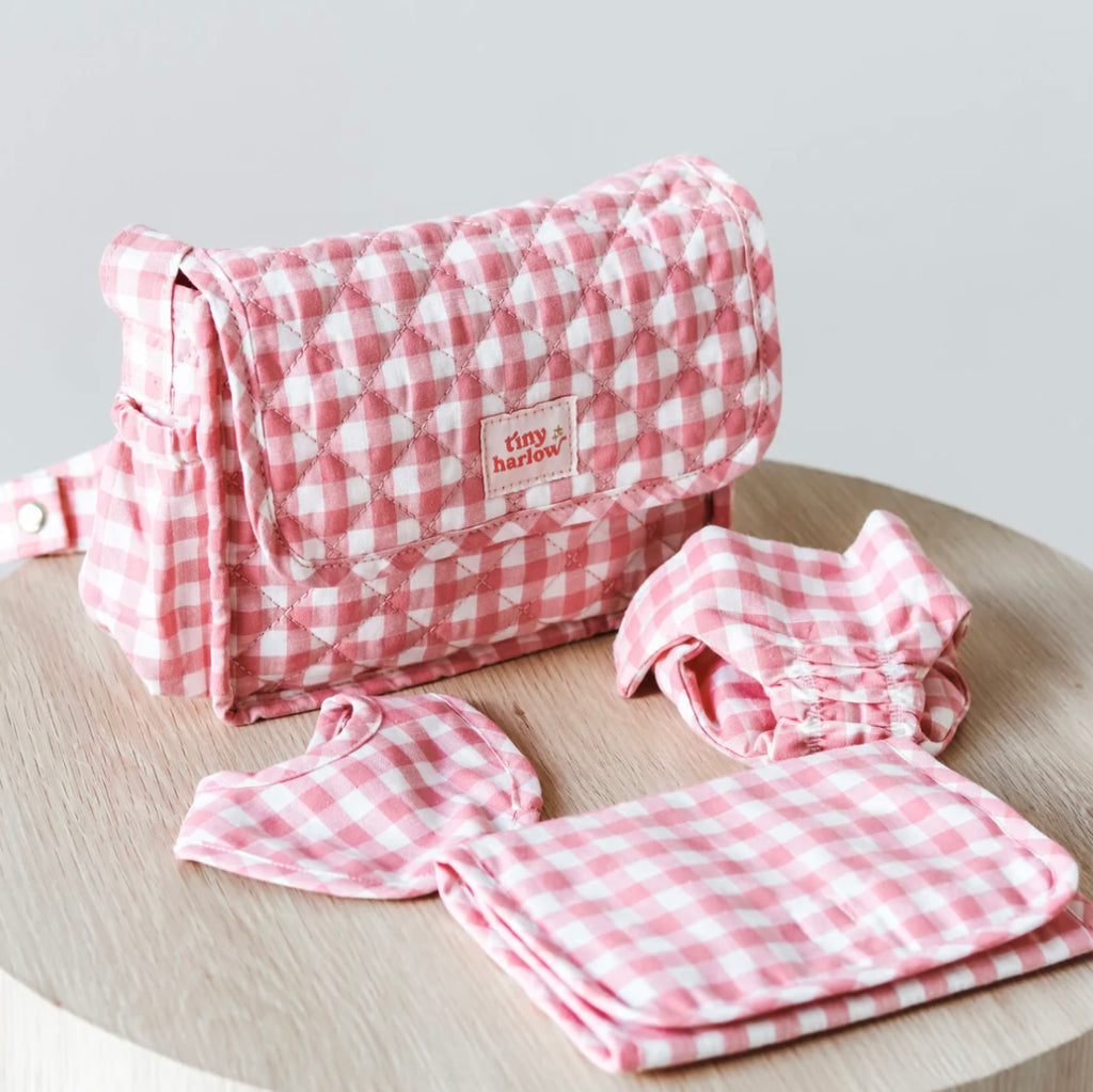 Tiny Harlow Convertible Doll’s Nappy Bag Set | Pink Gingham