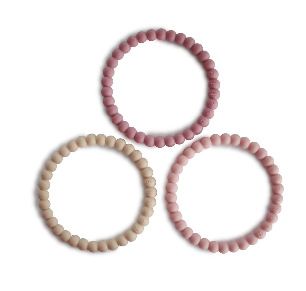 Mushie Silicone Pearl Teether Bracelets | Linen/Peony/Pale Pink